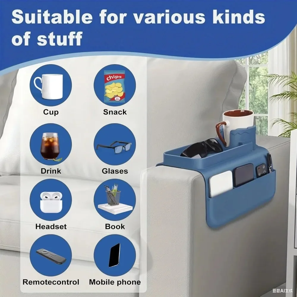 Posavasos de silicona para sofá, bandeja portavasos, reposabrazos para sofá, caja de almacenamiento con accesorios, bolsillo lateral para Control remoto y bebidas - imagen 4