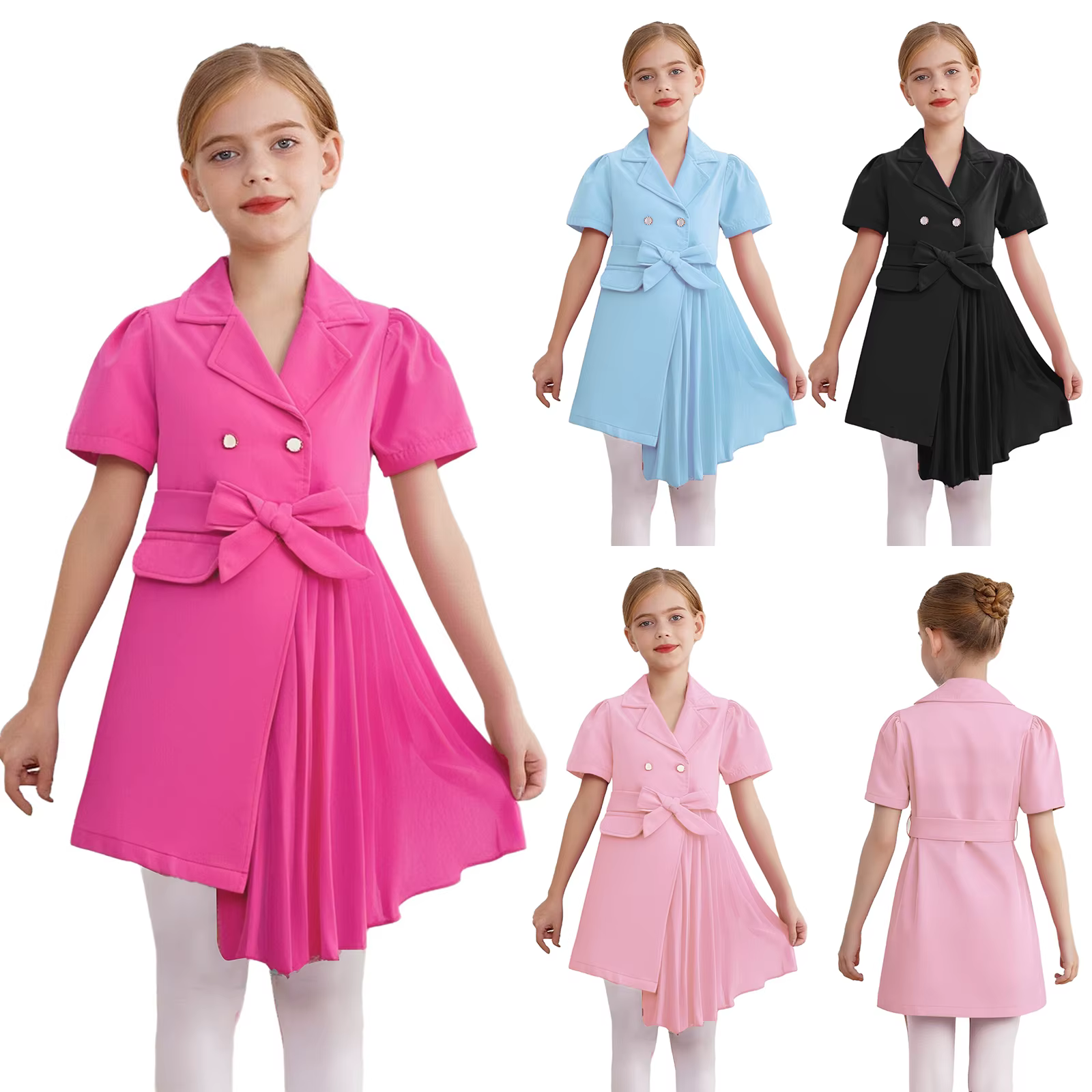 Vestido tutú de gasa plisado para niña – Manga corta con cinturón - imagen 4