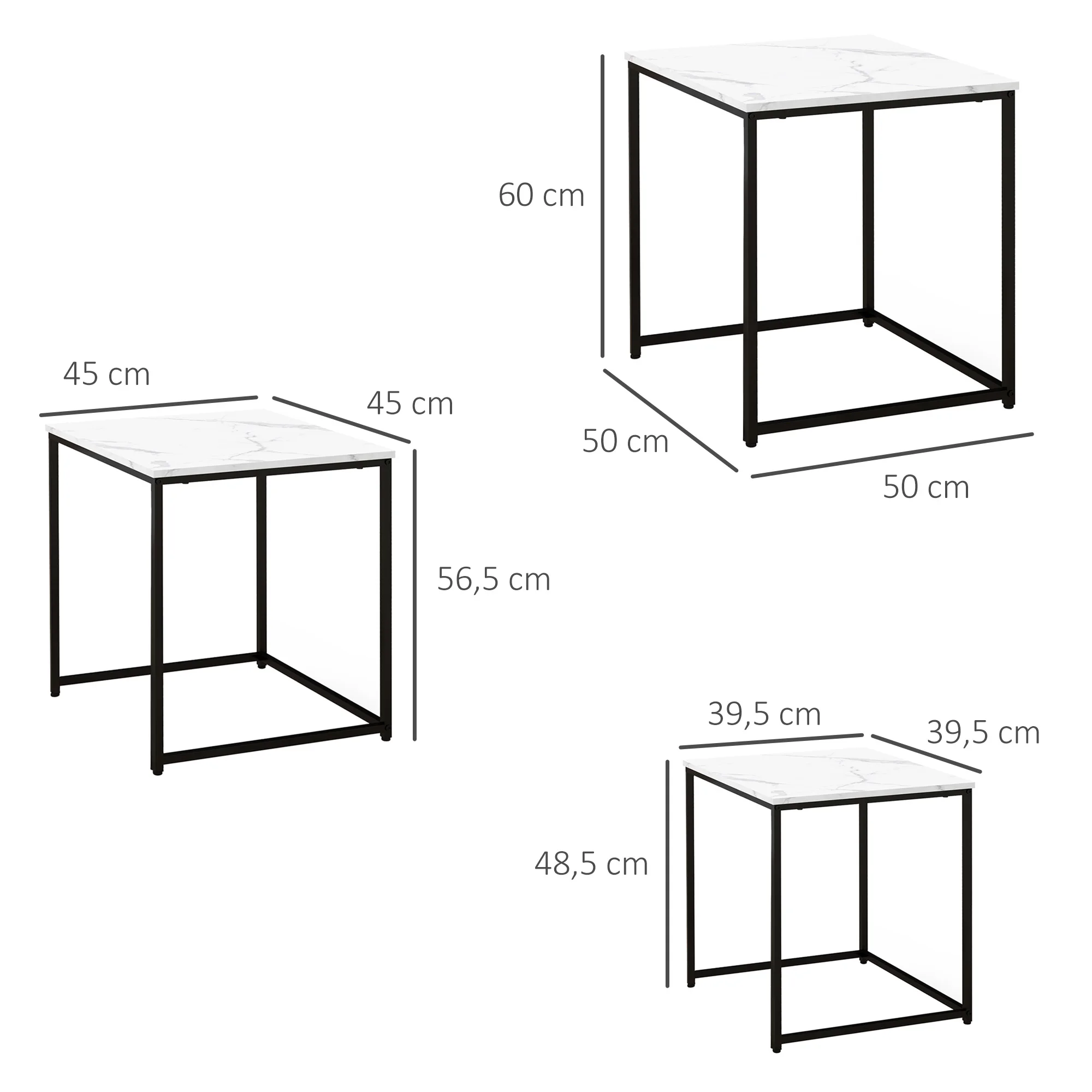HOMCOM Juego de 3 Mesas Auxiliares para Salón, Mesas Nido con Efecto Mármol y Marco de Acero, Estilo Moderno, para Sala de Estar, Dormitorio, Blanco - imagen 5