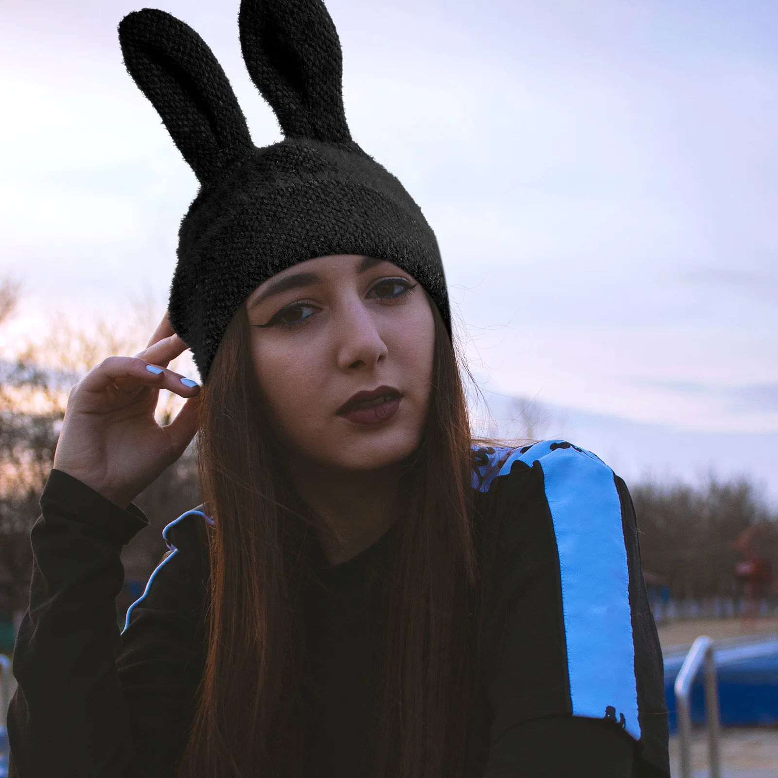 Gorro de lana tejido con orejas de conejo, gorro de tela de chenilla cálido para otoño e invierno para niñas, gorro cálido para exteriores, moda elegante - imagen 5
