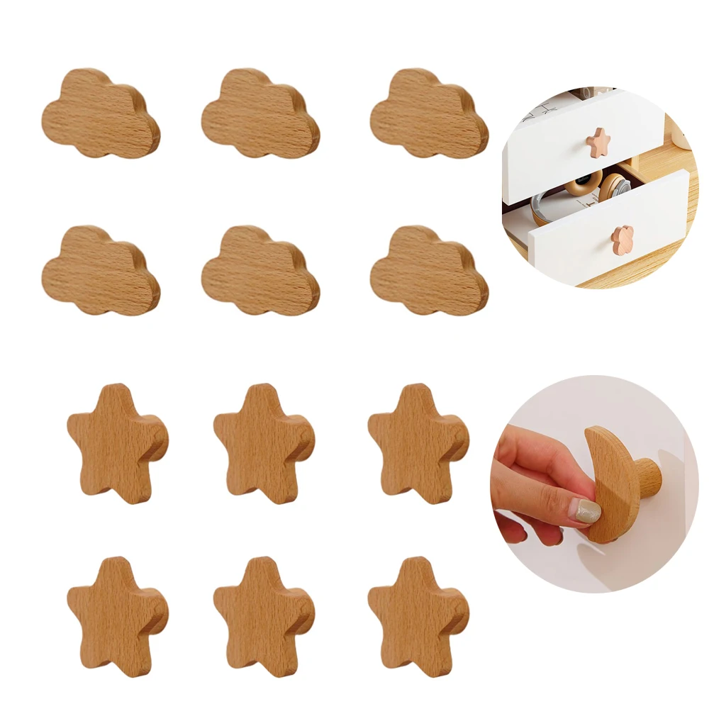 6/12 Uds. Perillas de madera para cajón de nube, manijas para muebles con forma de nube/estrella, tiradores de madera para gabinete de niños con estrellas de nube, perillas con tornillos