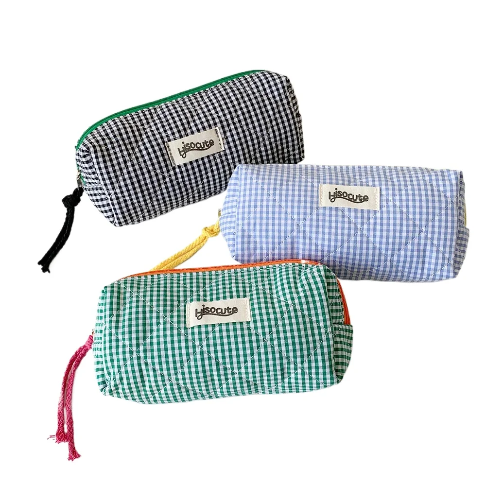 Estuche para lápices de tela a cuadros de gran capacidad estilo INS, bolsa de maquillaje de tela de estilo coreano, bolsa de almacenamiento de papelería para estudiantes de estilo Simple