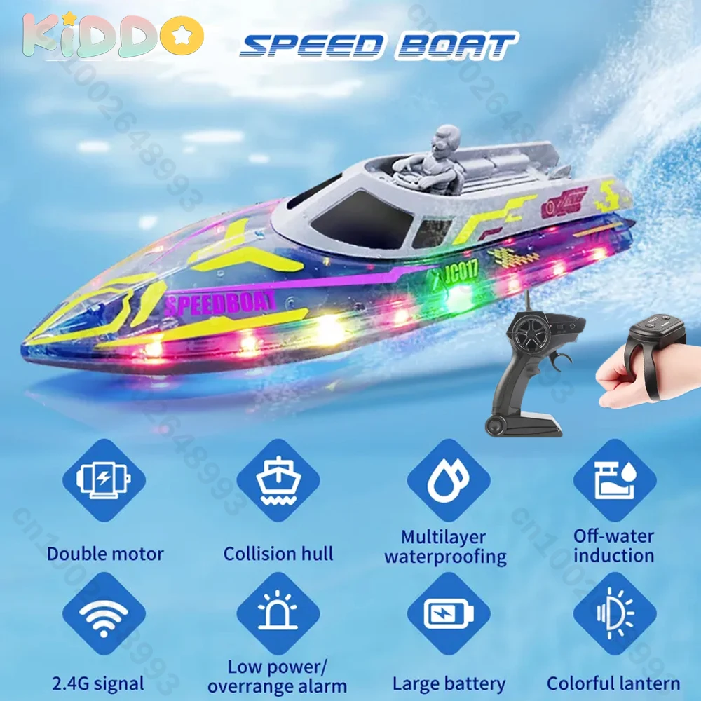 Barco RC con luces LED, Control de inducción de gestos de 2,4 Ghz, barco de Control remoto de tamaño completo, lancha rápida eléctrica para acrobacias, luz dinámica