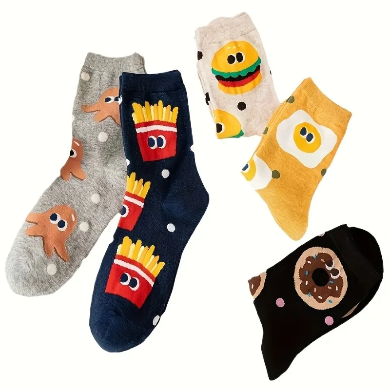 Calcetines para niños con lindos patrones de hamburguesas y patatas fritas de dibujos animados para niños y niñas, calcetines a media pantorrilla juveniles Trendyy y versátiles - imagen 5