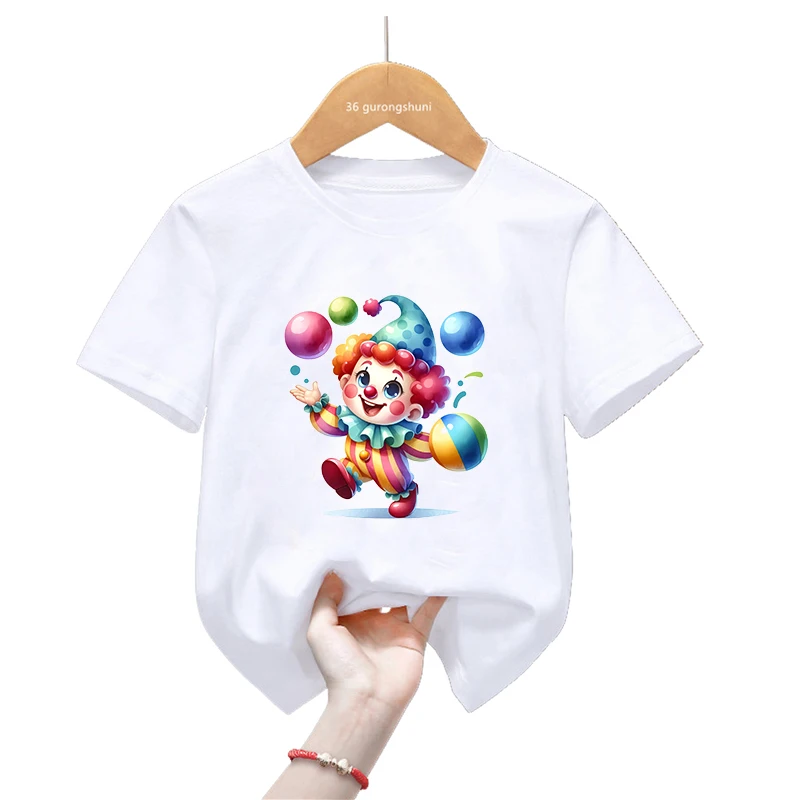 Camiseta con estampado de payaso mágico de acuarela para niños y niñas, camiseta de manga corta a la moda de verano, ropa Kawaii para niños, camiseta divertida - imagen 5