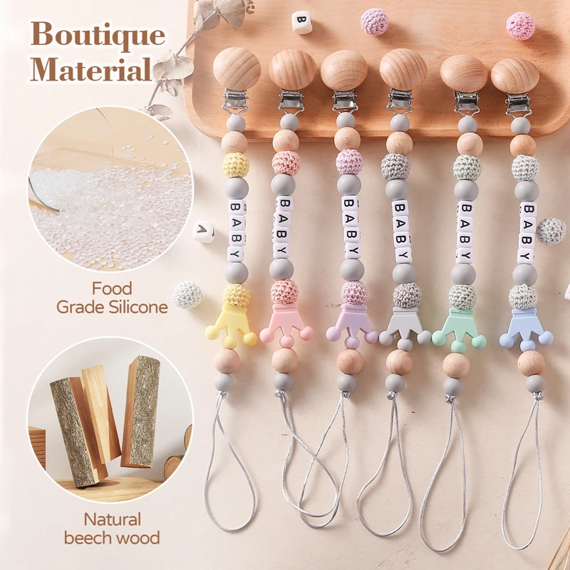 Clips para chupete de bebé con nombre personalizado, cadenas, mordedores, soporte para pezones, Clip de corona de silicona, accesorios de juguetes para la dentición para recién nacidos - imagen 2