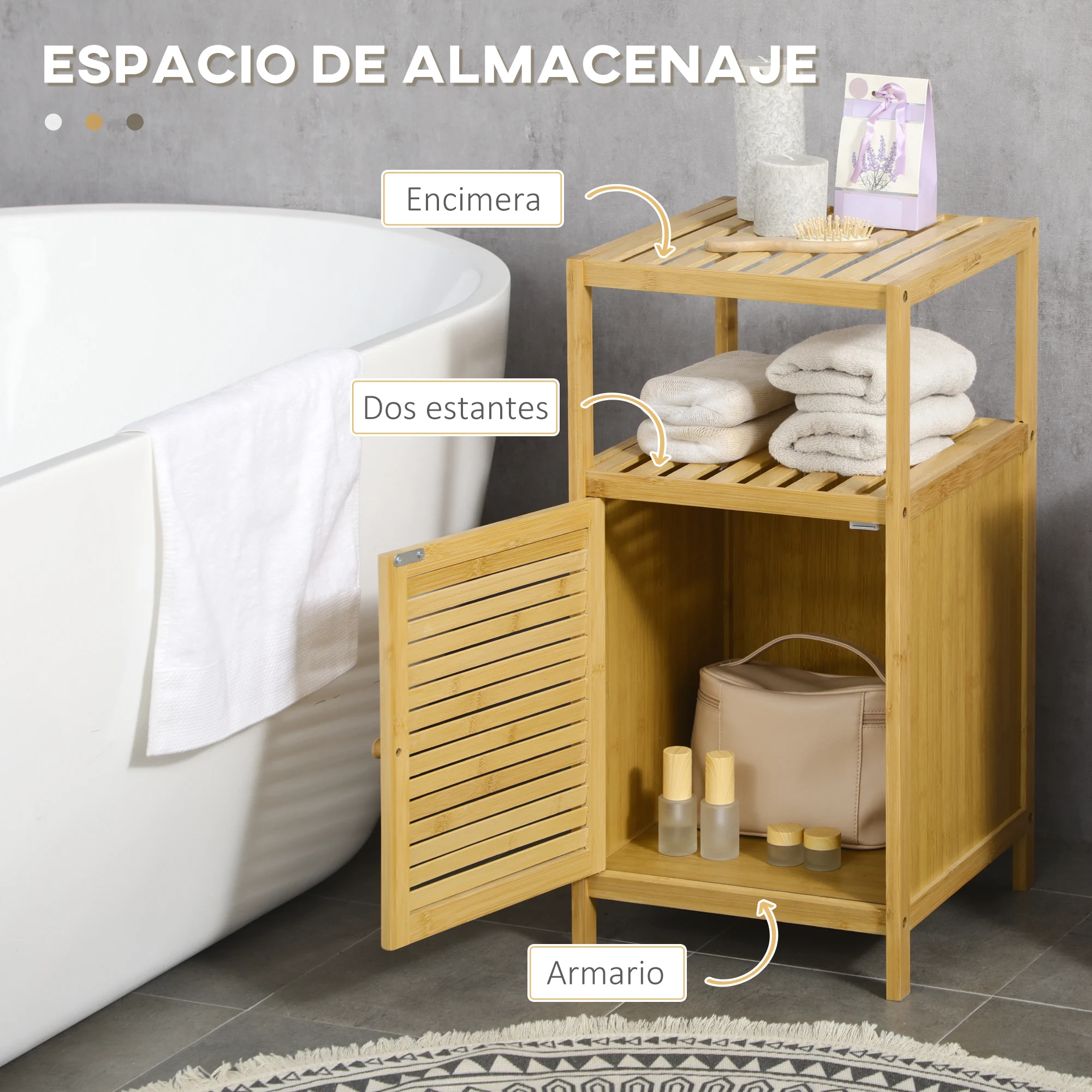 kleankin Estantería de Baño de Bambú Estantería de Almacenaje para Baño con 1 Puerta y Estante para Cocina Salón Dormitorio 33x36,5x67 cm Natural - imagen 4