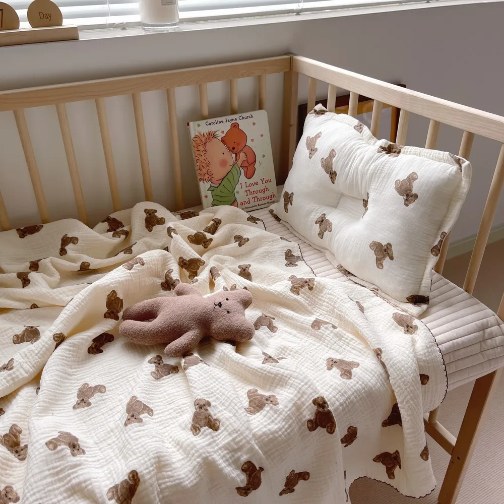Edredón de muselina con estampado de oso para niños, manta de verano para bebé recién nacido, funda para dormir de algodón de 120x130 Cm, manta envolvente suave para bebés - imagen 4