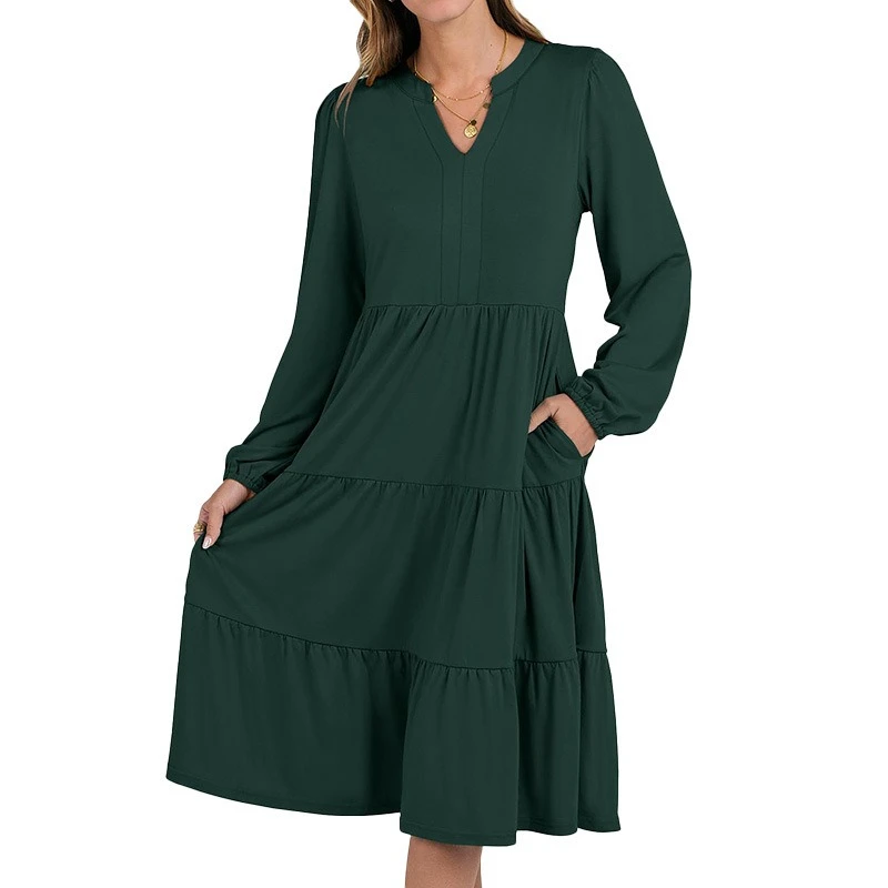 Vestido de temperamento europeo y americano para Halloween, cintura ajustada, mangas largas, liso, cuello en V, falda acampanada, falda con borde de hoja de loto ﻿ - imagen 3