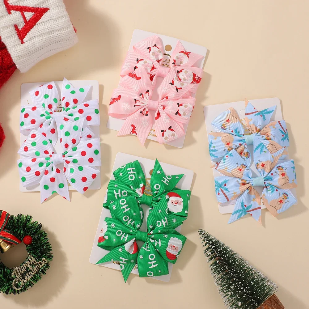 2 unids/set de lazos navideños para el cabello para niñas con Clips, horquillas festivas con cinta de Papá Noel de 3,22 pulgadas, molinete, accesorios para el cabello para vacaciones para niños - imagen 5