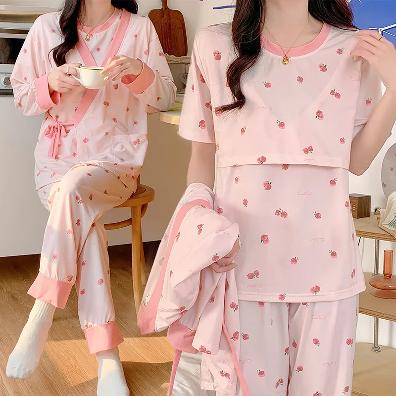 Conjunto de pijamas de maternidad para lactancia, camisón de lactancia estampado de algodón, ropa de dormir para el hogar, moda de primavera y otoño, 3 uds. - imagen 2