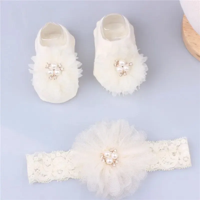 Conjunto de calcetines con lazo de perlas para bebé, calcetín de algodón antideslizante, banda para el pelo para recién nacido, turbante, accesorios para el cabello para niña - imagen 2