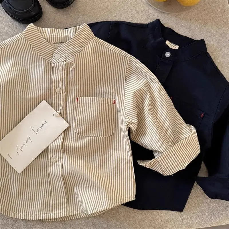 Camisa a rayas de estilo coreano para niños, camisa con bolsillo de Color sólido para niños y niñas, Top versátil de moda para bebés, otoño - imagen 2