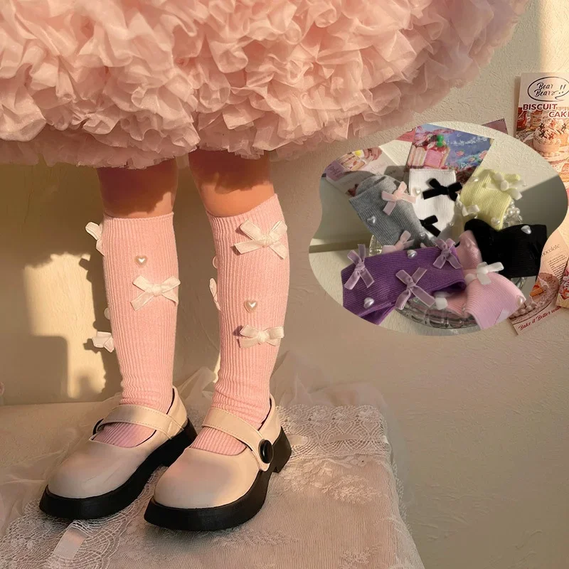 Calcetines para niña con lazo y perlas, calcetín escolar, accesorios de ropa, moda coreana, primavera y otoño, 1 par