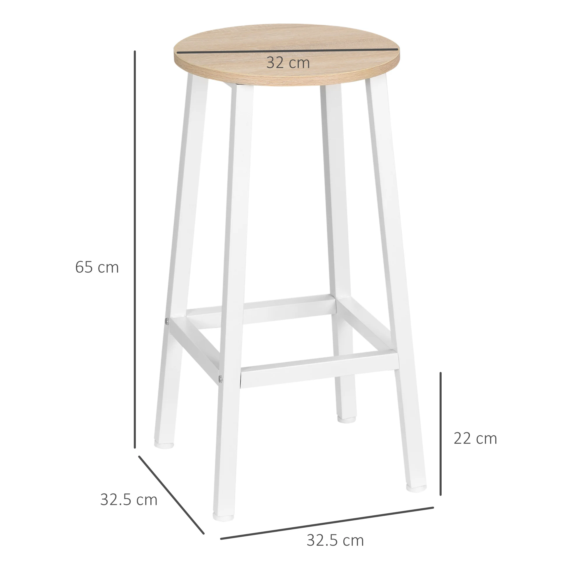 HOMCOM Juego de 2 Taburetes Altos de Cocina Taburetes de Bar con Patas de Acero y Reposapiés para Salón Comedor Bar Carga 75 kg 32,5x32,5x65 cm Natural y Blanco - imagen 3
