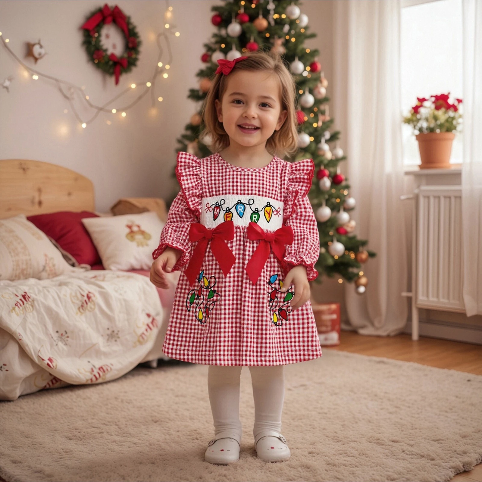 Vestido casual para niñas, manga larga, cuello redondo, bordado a cuadros, otoño, vestido de línea A, disfraz de Navidad - imagen 2