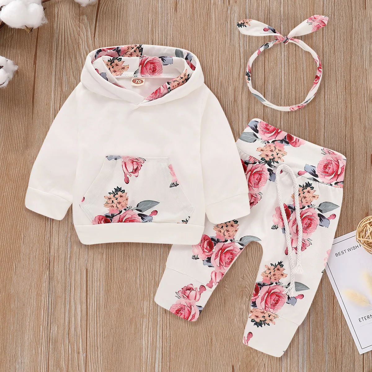 Conjunto de ropa para niña de 3 uds., Top con capucha de manga larga con estampado de flores, pantalones y diadema, ropa de otoño e invierno de 3 colores para bebé de 0 a 2 años - imagen 4