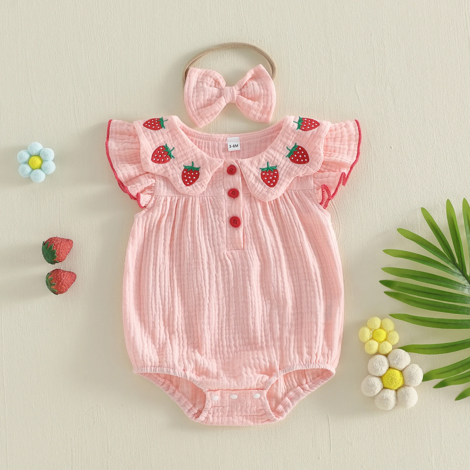 Conjunto de niña: pelele bordado de fresa con diadema y volantes