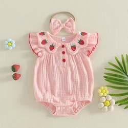 Conjunto de niña: pelele bordado de fresa con diadema y volantes