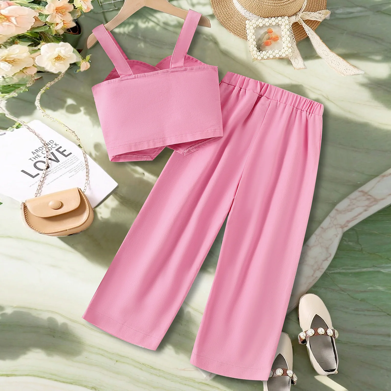 Conjunto de 2 piezas de ropa de verano para niñas, Tops sin mangas lisos de un solo pecho + Pantalones sueltos de mezclilla, ropa de Boutique para niños BC259 - imagen 2