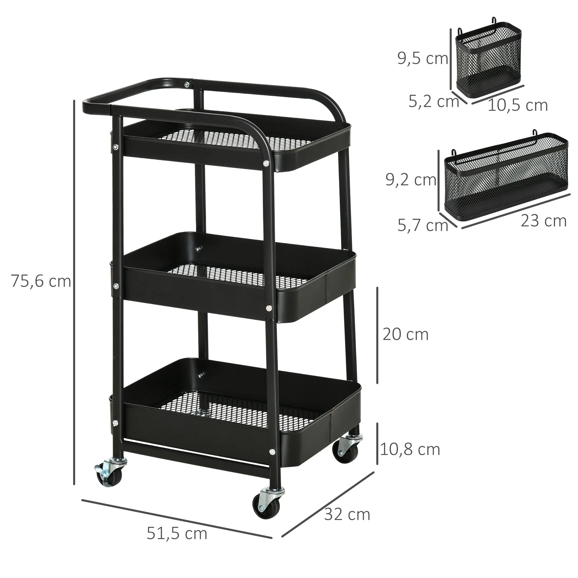 HOMCOM Carrito de Cocina con Ruedas Carro de Almacenamiento de 3 Niveles 4 Ganchos Asa 2 Cestas Colgantes y Frenos para Baño Salón Dormitorio 51,5x32x75,6 cm Negro - imagen 3