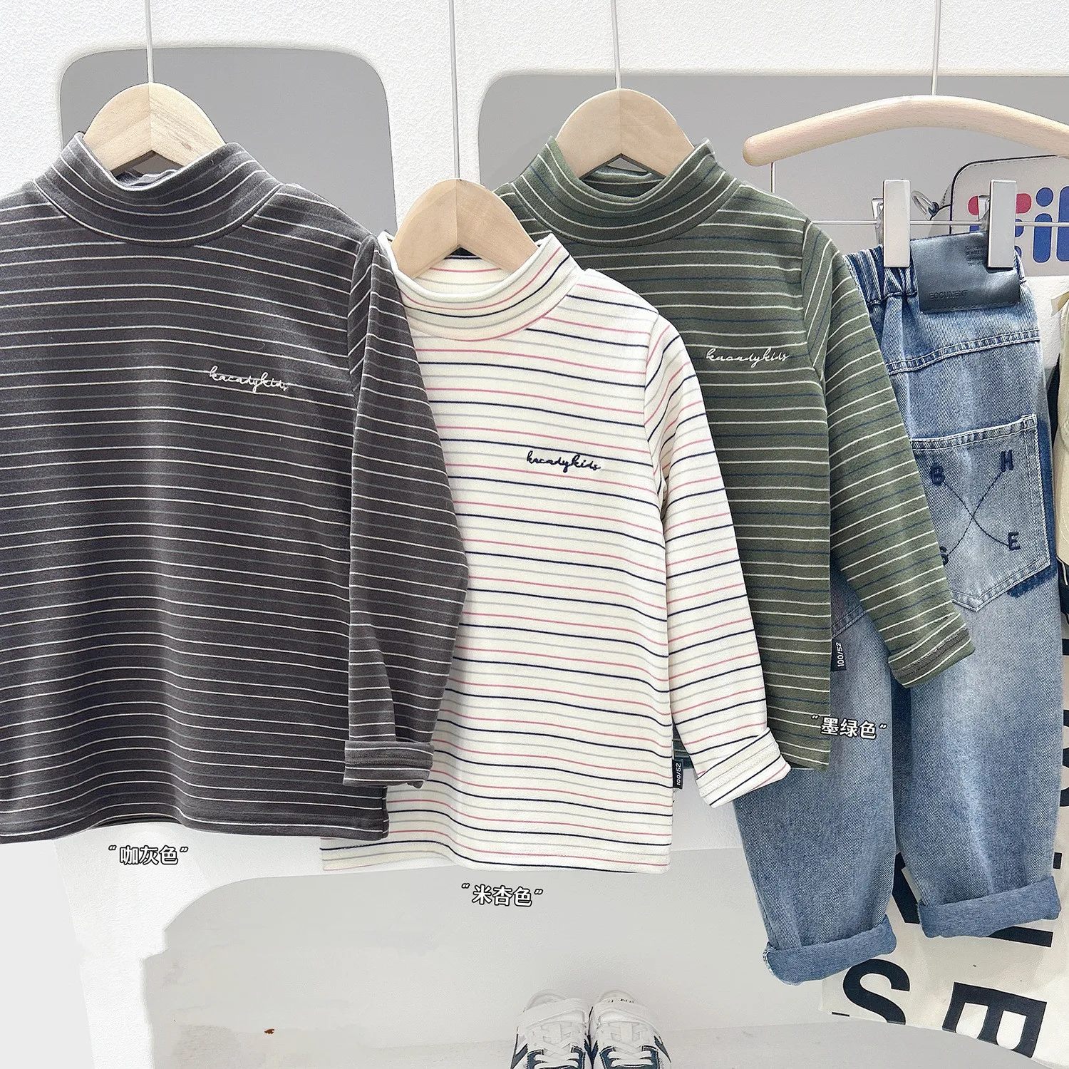 Camisetas de Otoño Invierno para niños, camisetas de manga larga con cuello medio alto a rayas para niñas y niños, ropa informal para niños