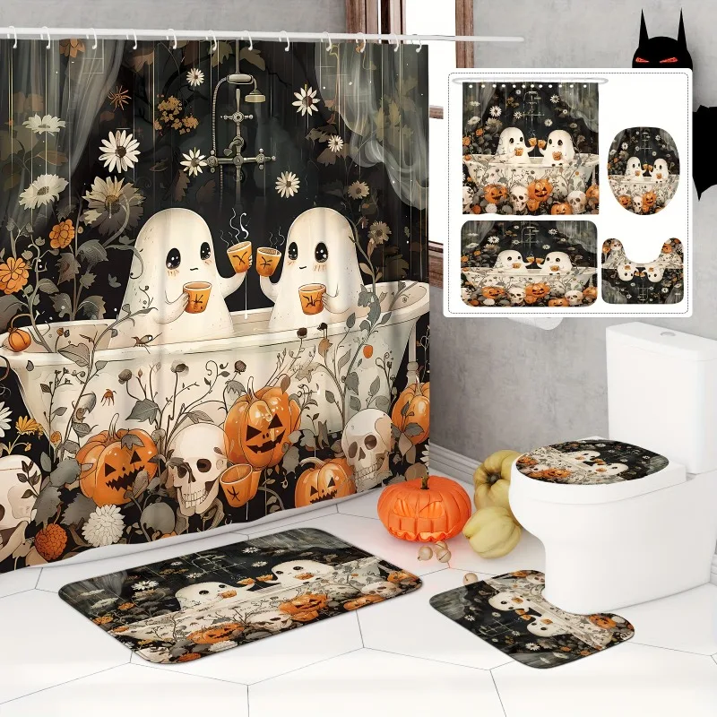Juego de cortina de ducha con calavera de calabaza fantasma de Halloween, alfombras antideslizantes, tapa de inodoro y alfombra de baño, lavable, para truco o trato, 1/4 Uds.