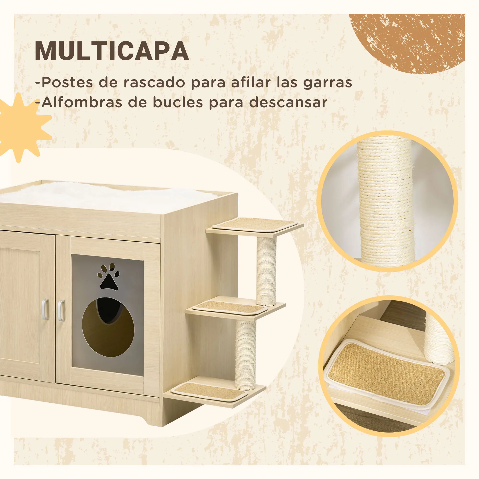 PawHut Arenero para Gatos de Madera con 2 Puertas Mueble Arenero para Gatos con Cama Cojín Suave 3 Plataformas y Postes de Sisal 107x54x70 cm Roble - imagen 5