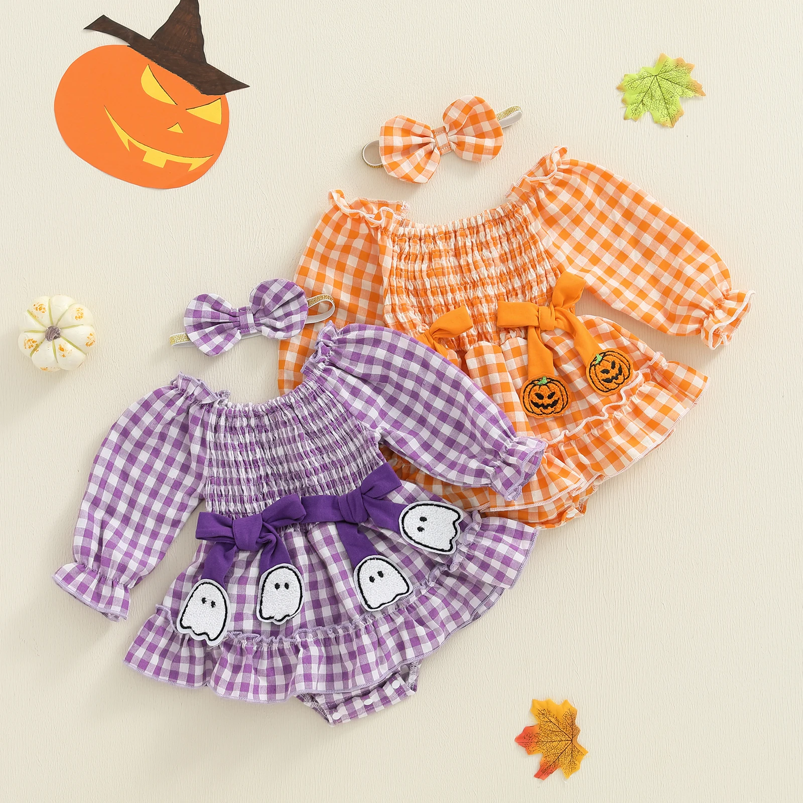 SUNSIOM 0-18 meses bebé niña Halloween mameluco vestido y diadema con lazo manga larga estampado a cuadros mono con escote elástico