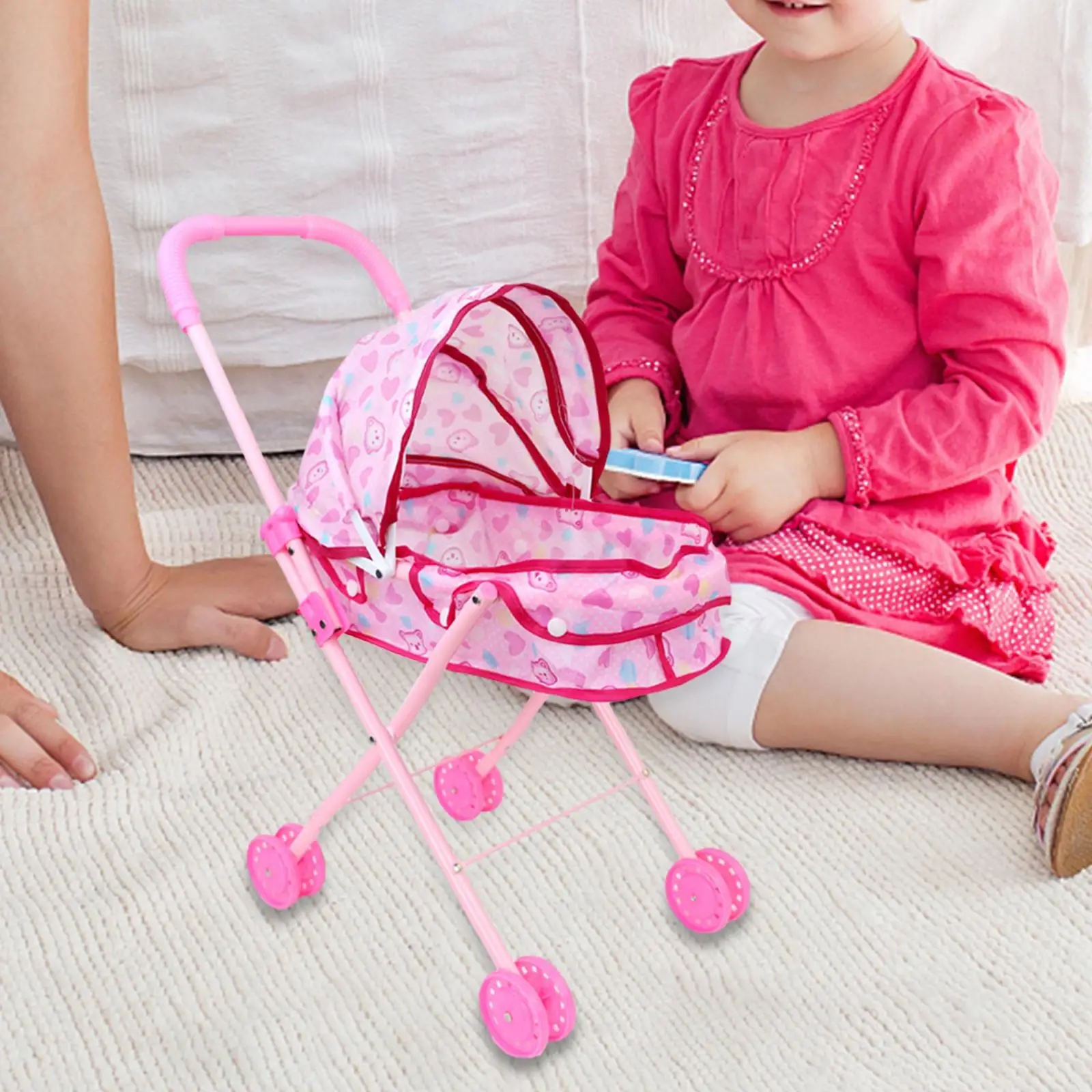 Doll Stroller Pretend Play with Canopy Role Playing Educational Doll Carrier Dollhouse Decoration Miniature Push Cart Toy
