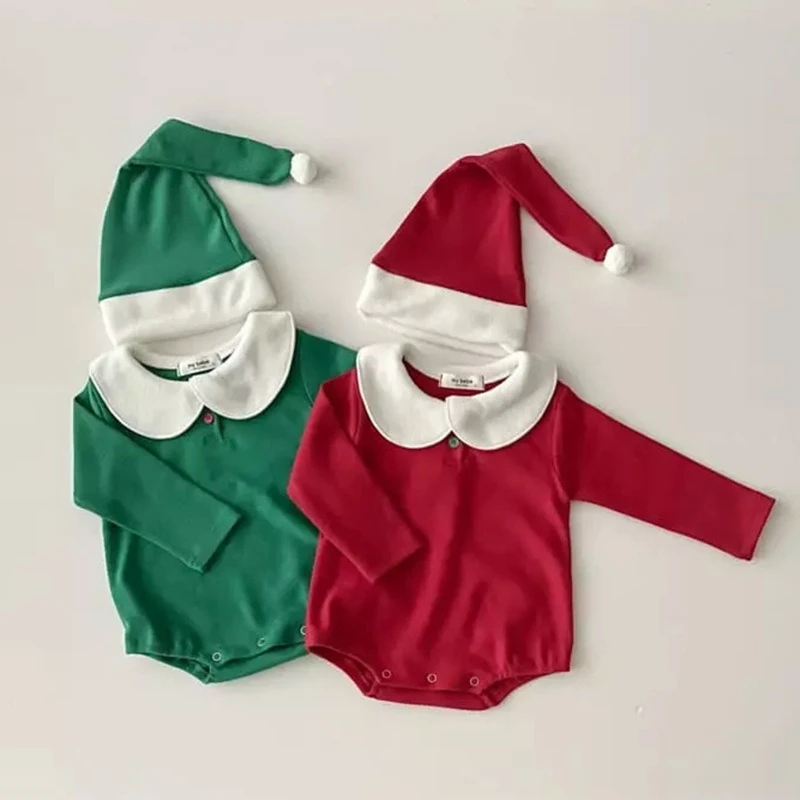 Mameluco triangular bonito Unisex para bebé con sombrero para Navidad niños cuello de solapa mono de manga larga niñas cómodo Año Nuevo