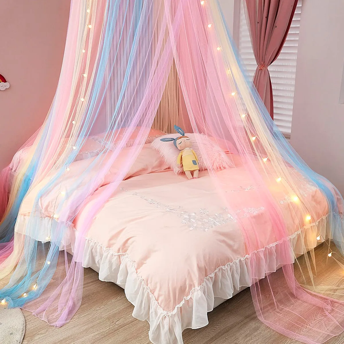Toldo de cama de arcoíris, mosquitera de poliéster, cortinas de cama de princesa de techo, decoración de dormitorio para niñas, ropa de cama para niños, decoración de habitación - imagen 5
