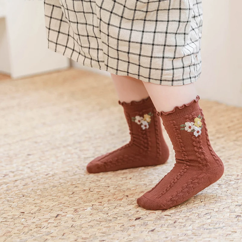 Nuevos calcetines de primavera con orillo fibroso para niños pequeños, calcetines suaves para bebés recién nacidos, giros florales para niñas, calcetines bonitos de otoño para niños de 0 a 8 años - imagen 3