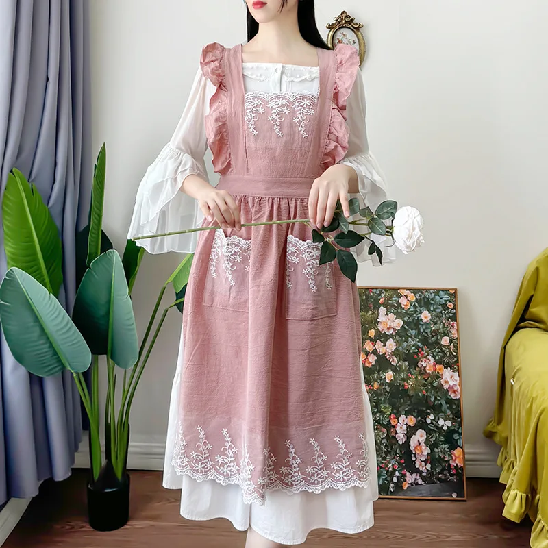 Delantal de mujer, delantales de lino y algodón, vestido de jardín, cafetería, cocina, floristería, estilo palaciego, delantador de vestido de moda Vintage
