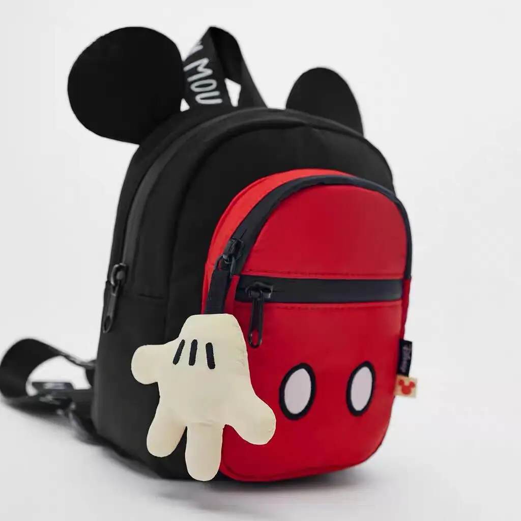 Mochila de Mickey para niños, Bolso pequeño con cremallera, color negro y rojo, a la moda, con dibujos animados - imagen 2