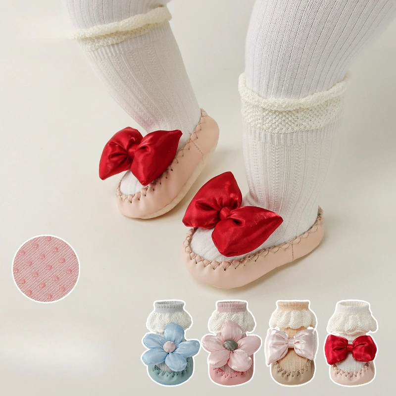 Calcetines de princesa para bebé, zapatos de estilo coreano con lazo Floral, suela de cuero, botines antideslizantes para primeros pasos, calcetín para primavera y otoño - imagen 2