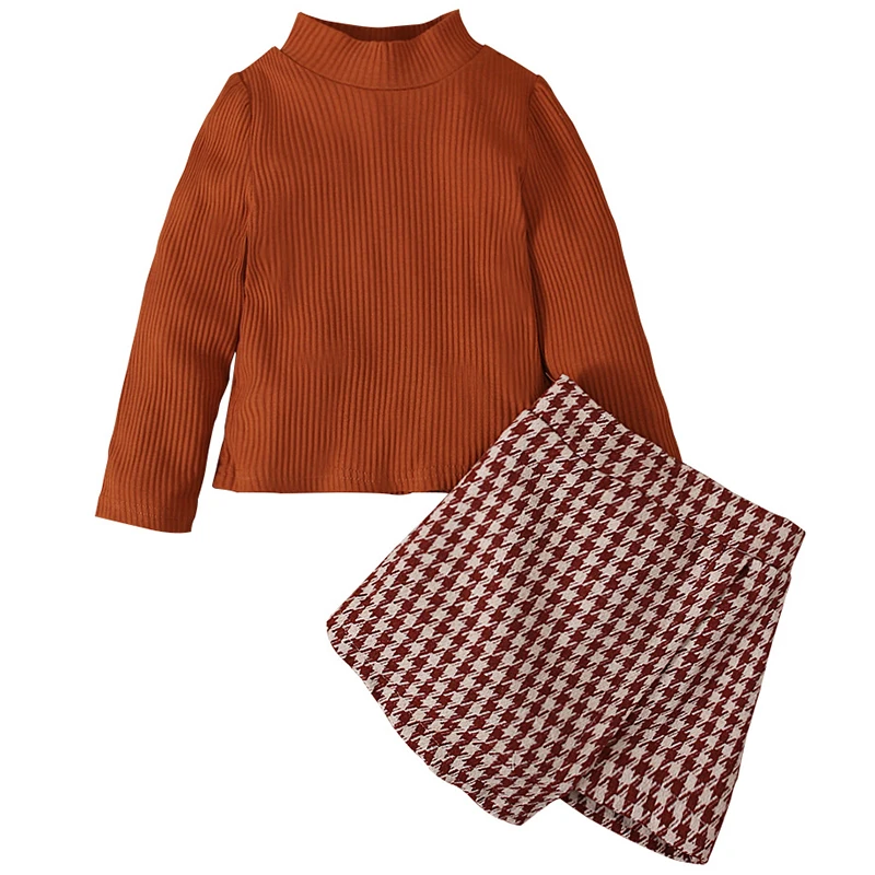Conjunto 2 piezas niña top algodón manga larga y falda cuadros boutique