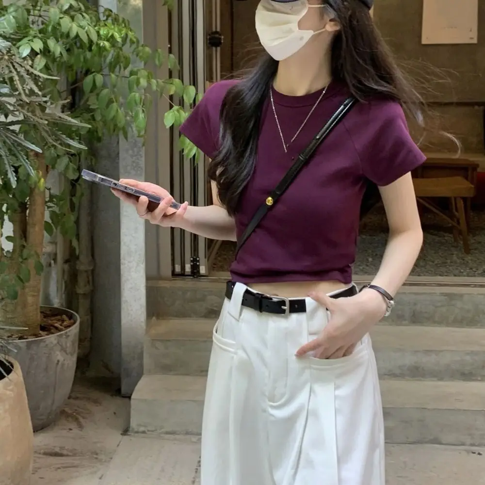 Camiseta Simple de manga corta de Color sólido, Top corto elegante Y2K, camisetas ajustadas de estilo coreano, ropa de calle para mujer - imagen 4
