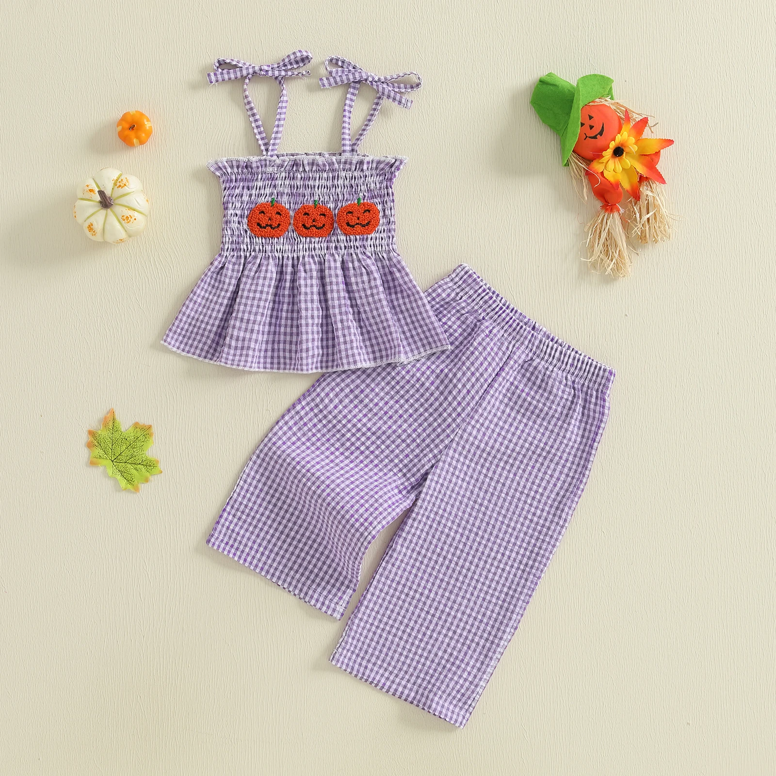 Traje de Halloween para niña pequeña, bordado de calabaza, fruncido, tirantes finos, Tops, pantalones de pierna ancha, conjunto a cuadros - imagen 4