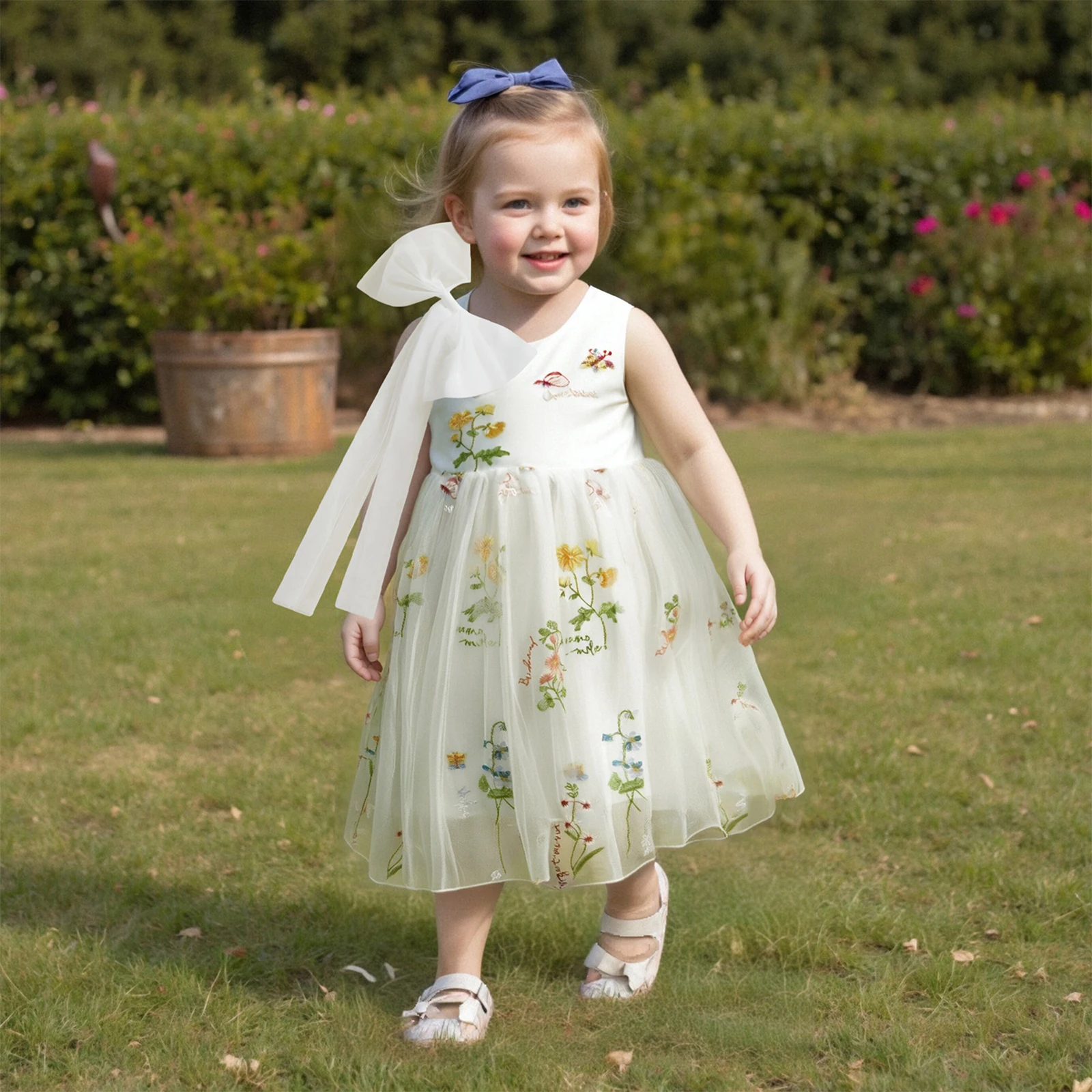 Vestido de tul sin mangas con flores para niña, cuello redondo