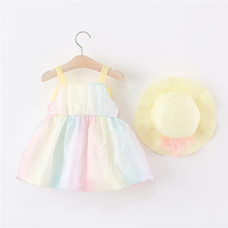 Conjuntos de 2 piezas de verano para bebés, ropa para niños, moda coreana para niñas, vestidos de lujo sin mangas con bonito lazo + vestido de princesa con sombrero para el sol B131 - imagen 2