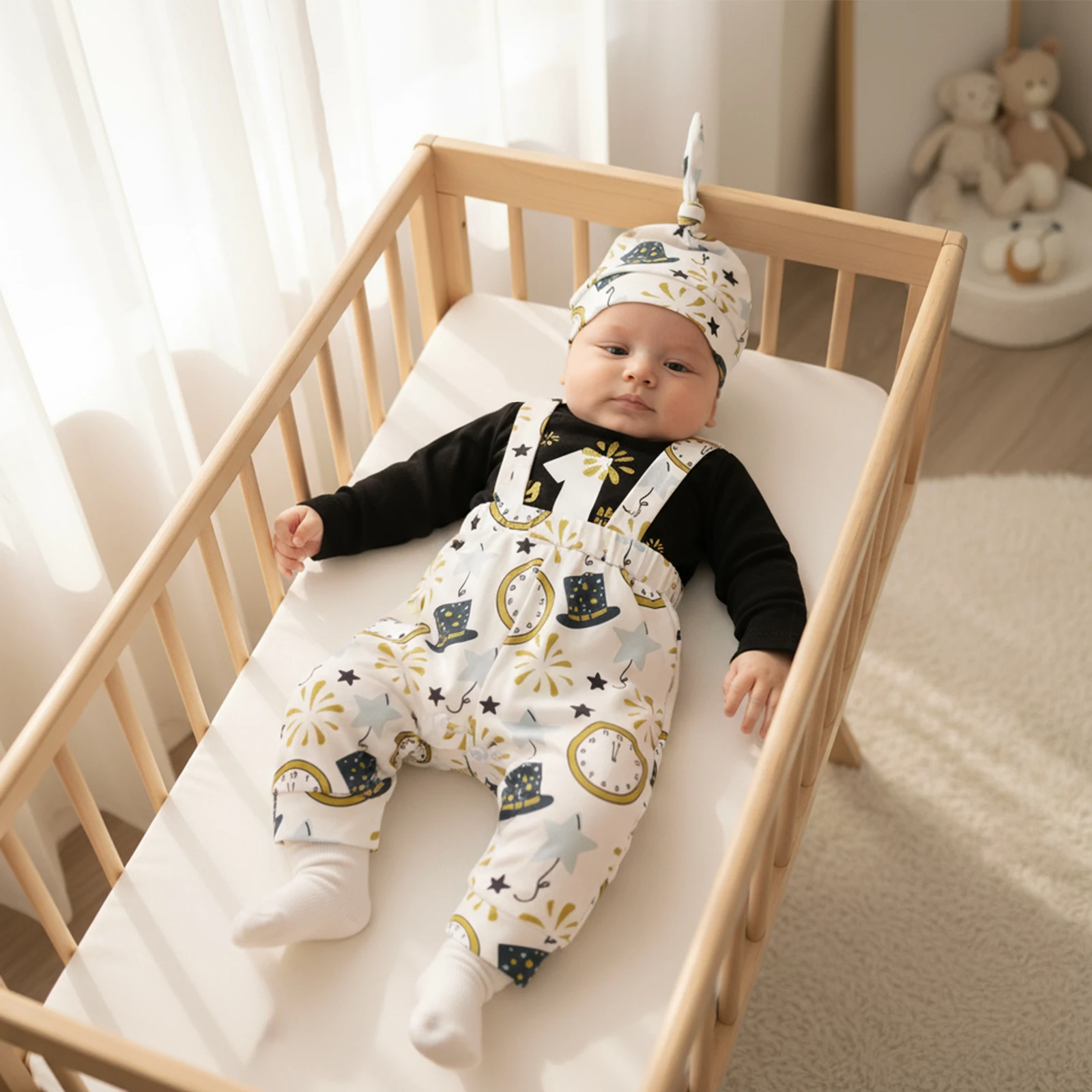 ViSgogo Conjunto de bebé niño, mameluco con estampado de letras de manga larga con pantalones generales de fuegos artificiales y sombrero, traje infantil de Año Nuevo - imagen 3