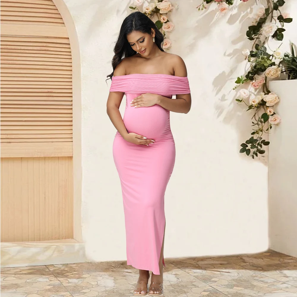 Vestido de maternidad elegante en malla con hombros descubiertos - imagen 2