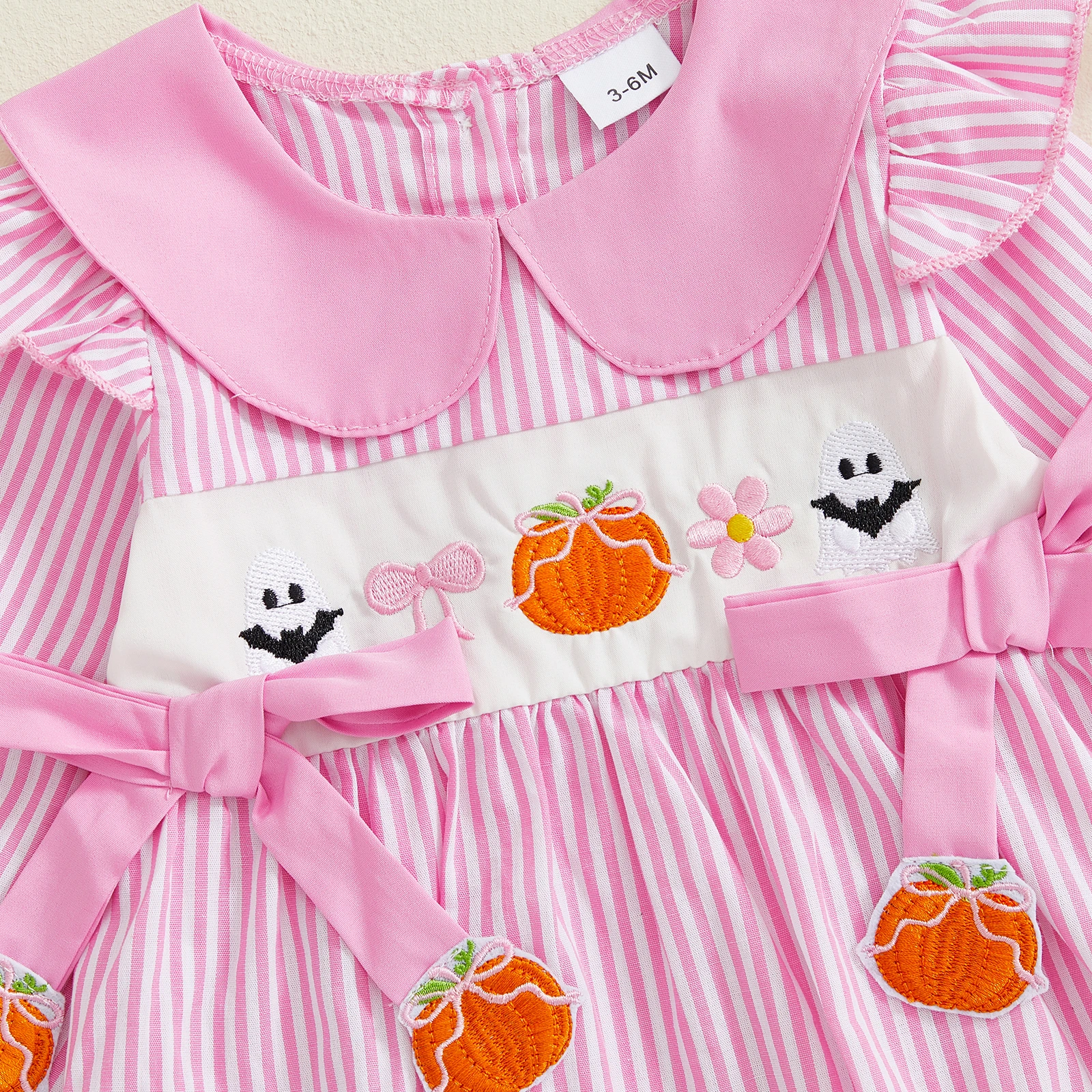 Pelele a rayas de Halloween para niña de 0 a 18 meses, mono de burbujas con cuello de muñeca de manga larga bordado de calabaza fantasma - imagen 4