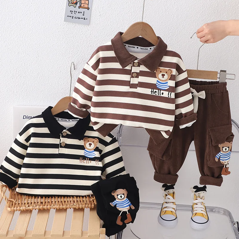 Nueva ropa de bebé de primavera y otoño, traje para niños, camiseta a rayas a la moda, pantalones, 2 unids/set, disfraz informal para niños, chándales para niños