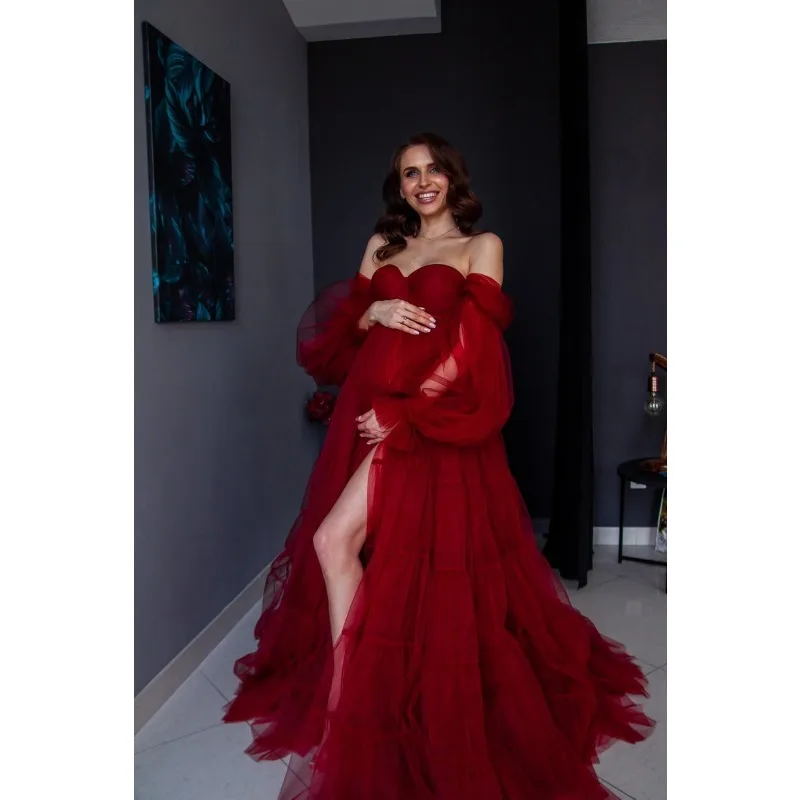 Vestido premama burdeos con corsé y mangas globo - imagen 3
