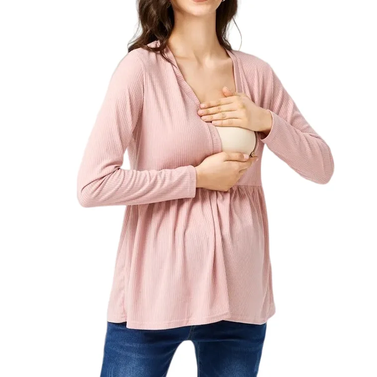 Tops de lactation maternity manga larga – Algodón rosa suave - imagen 5