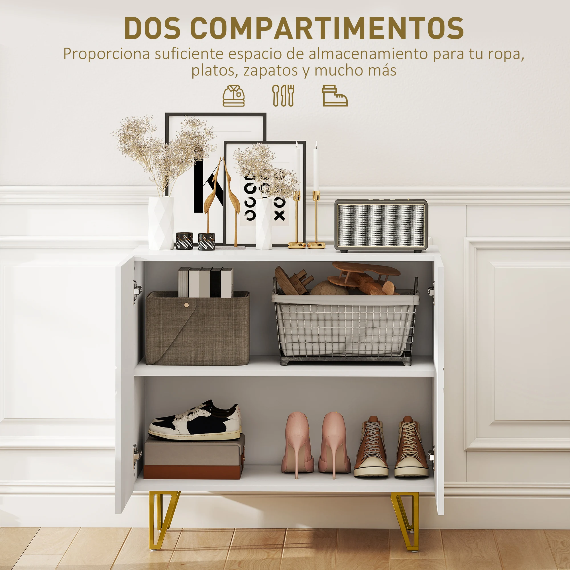 HOMCOM Aparador para Salón Aparador de Entrada con 2 Puertas y Estantes Ajustables Armario de Almacenamiento para Cocina Sala 80x40x75 cm Blanco Brillo - imagen 5