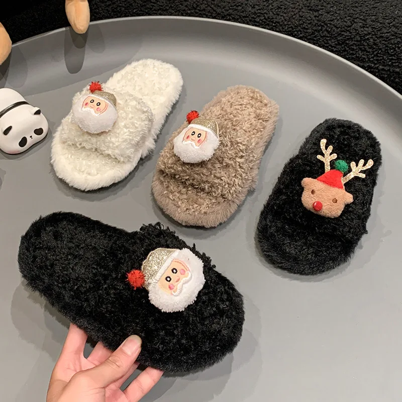 2025 nueva serie navideña zapatillas para niños zapatos cálidos de algodón de invierno suela blanda zapato peludo de moda antideslizante zapatos de casa para niño y niña - imagen 4