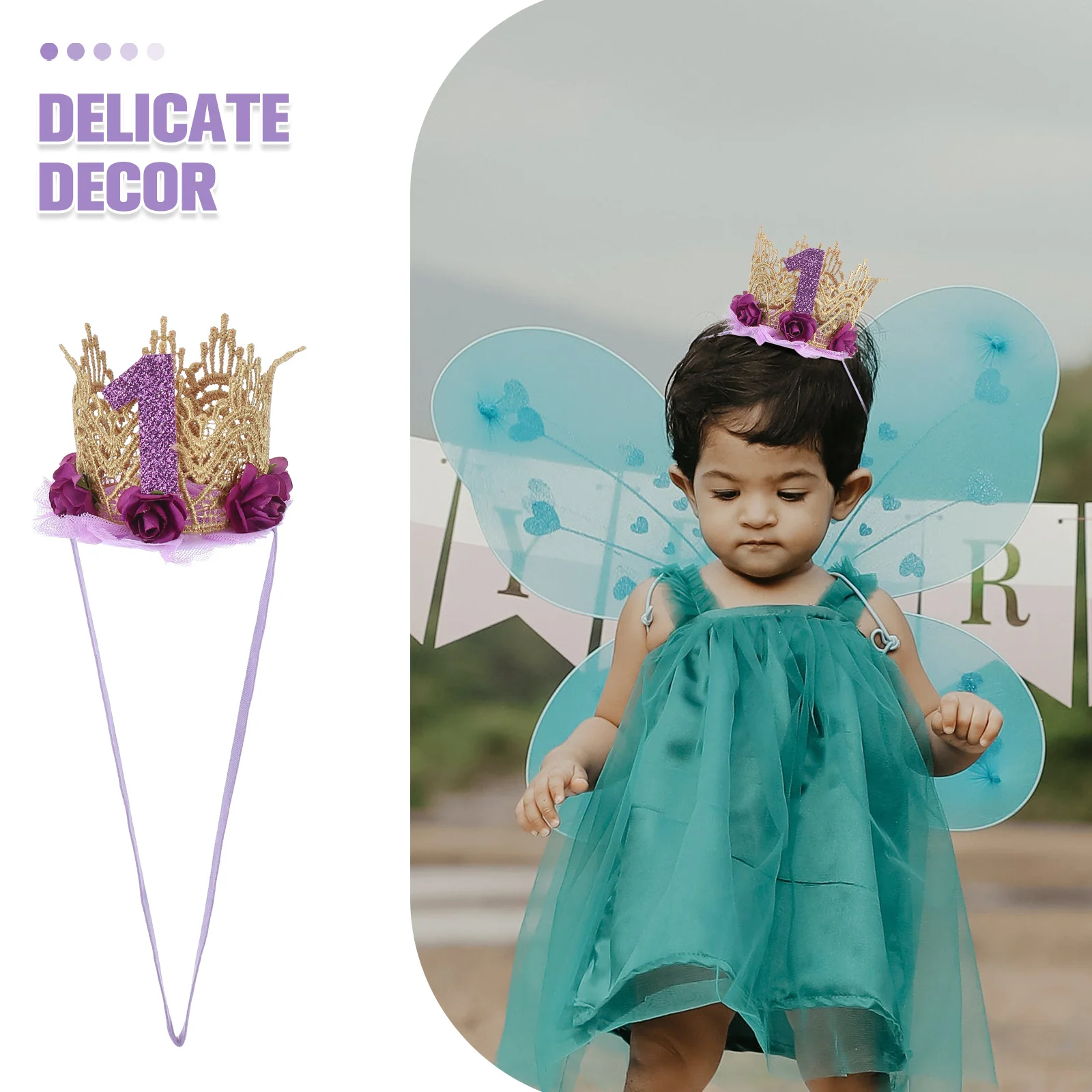 Corona de primer cumpleaños para bebé, accesorios para el cabello de encaje rosa púrpura, tocado para niña, corona para niños, suministros para fiesta, accesorio para fotografía - imagen 4